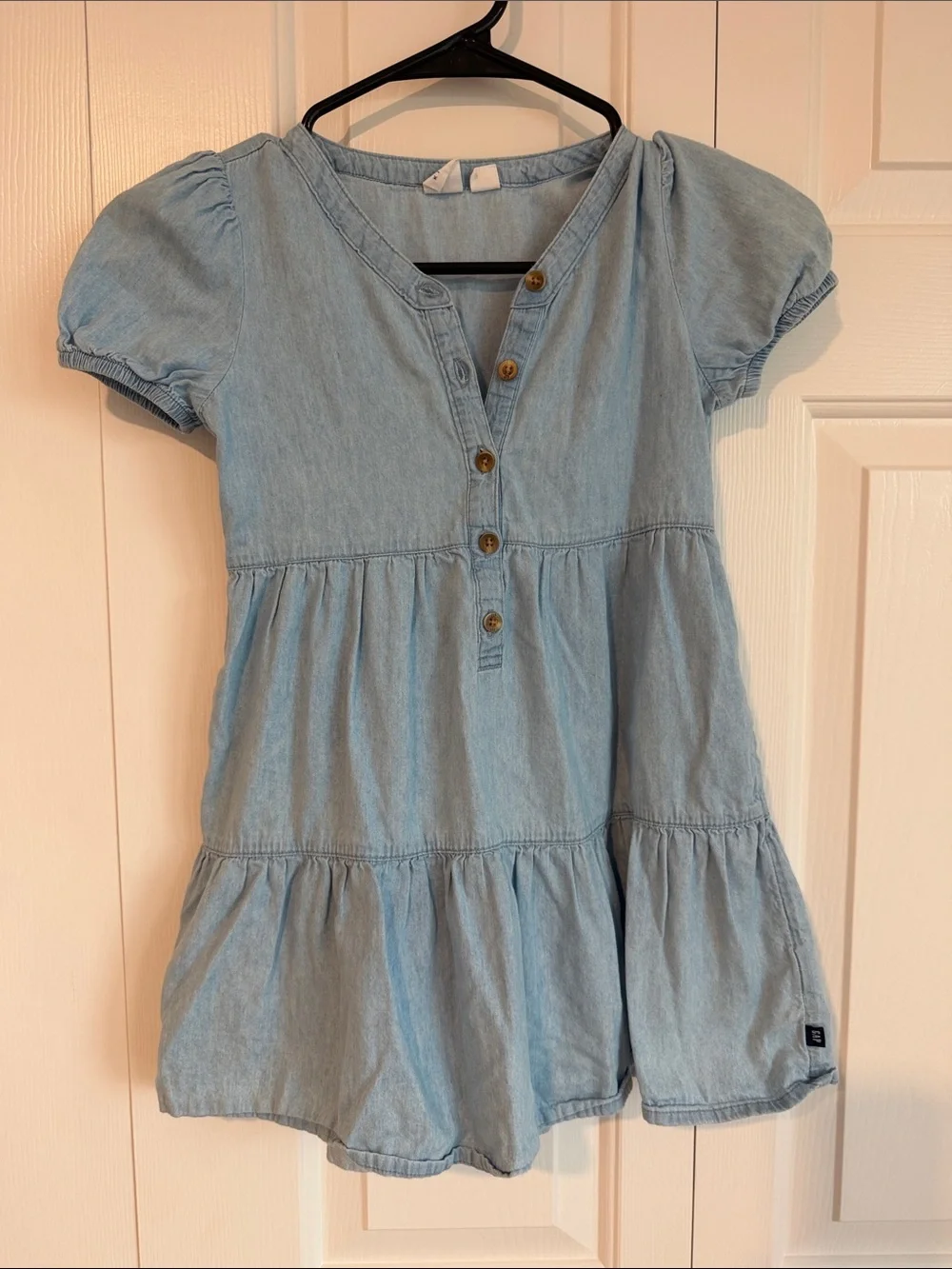 Light Wash Denim Button-Front Tiered Dress